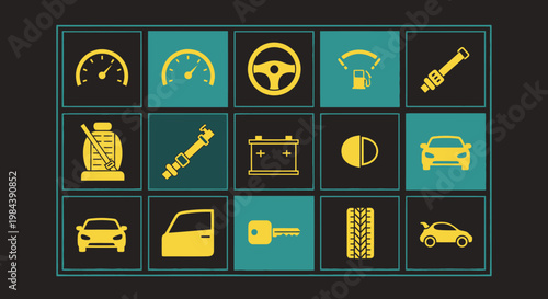 Car Dashboard Icons Set: Speedometer, Fuel, Steering Wheel, Battery, Spark Plug