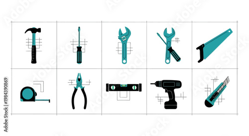 Set of Flat Design Tools Icons: Hammer, Screwdriver, Wrench, Saw, Drill