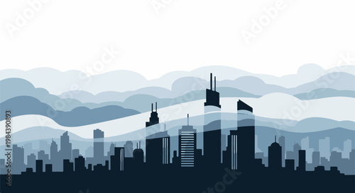 Silhouette of a city skyline with layered, abstract, blue hills
