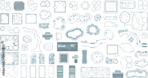 Landscape design symbols vector set, architectural garden plan elements, top view site mapping icons for backyard and park layout planning isolated PNG with Transparent Background