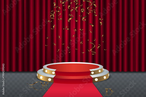 Stage podium with red curtain and gold confetti celebrating an award ceremony