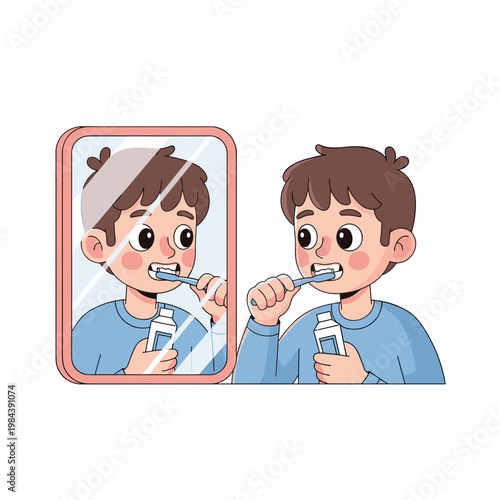 Adolescent brushing teeth in front of mirror with toothpaste bottle  