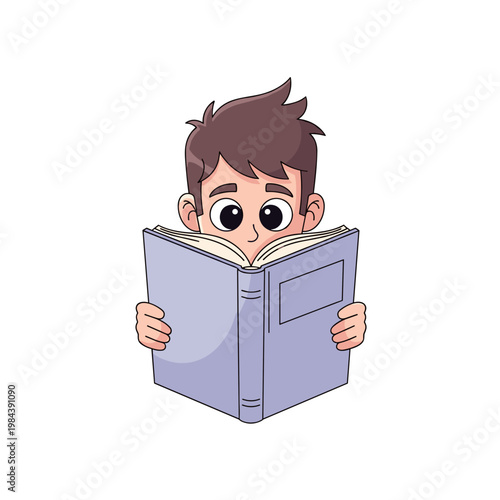 Young boy reading a book and looking curious in cartoon style. Adolescent hiding behind book  
