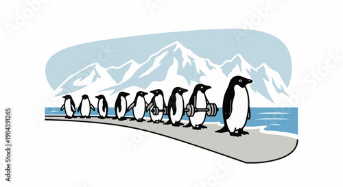 Penguins in a line exercising with weights against a snowy mountain backdrop