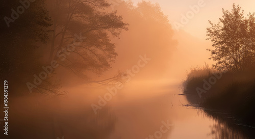 A serene and peaceful landscape of a misty river at sunrise