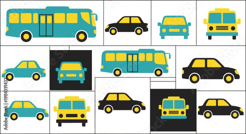 Set of stylized cars and buses icons, flat design, turquoise and black vehicles