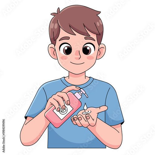 Adolescent boy applying lotion on hands with smile indoors  