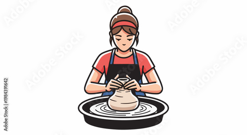 Person focused on crafting a clay pot on a spinning wheel