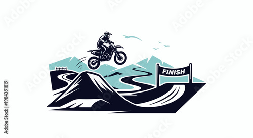 Motocross rider jumps over a hill on a winding track towards a finish line