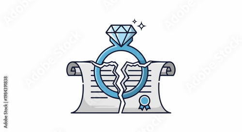 Broken engagement ring atop torn marriage contract document