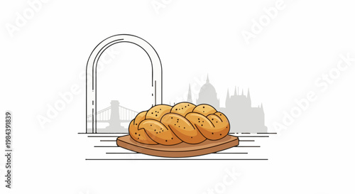 Braided loaf of bread on a wooden board, with iconic landmarks in the background