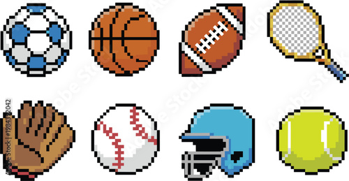 Pixel sport balls and equipment set, retro 8bit soccer basketball baseball tennis icons vector illustration pack