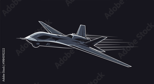 A stylized, dark, futuristic jet fighter speeds across a dark background