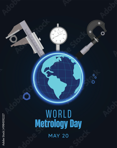 Metrology Day illustration with measurement instruments and global scientific precision vector poster