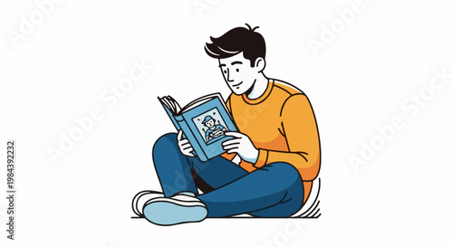 Person sitting cross-legged, engrossed in reading a book