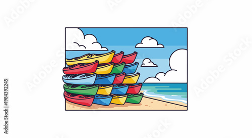 Colorful kayaks stacked on a beach under a bright blue sky