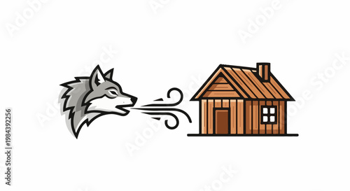 Cartoon wolf blowing wind at a wooden house