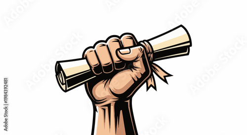 Fist holding up a diploma scroll with a ribbon