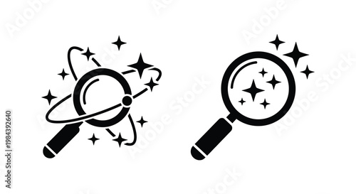 Two black magnifying glasses explore planets and stars a silhouette