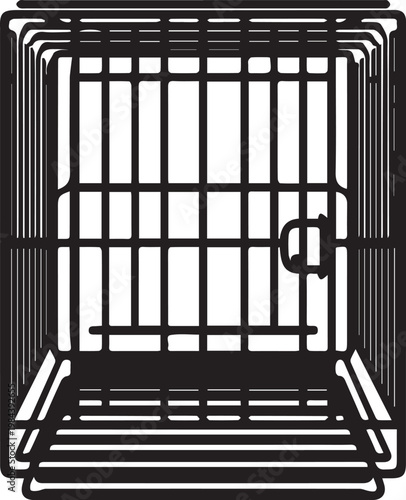 An empty pet crate or cage, a symbol of containment, security, or transition, presented in a minimalist, bold monochrome style.