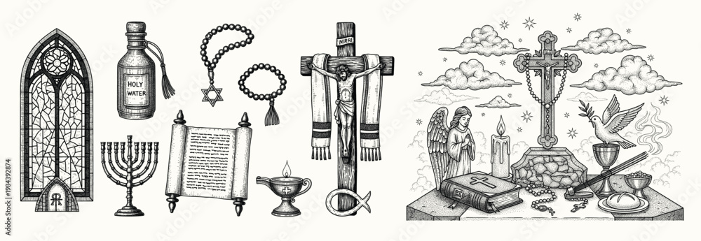 Naklejka premium Vintage religious symbols engraving set featuring Christianity, Judaism elements, sacred ritual objects