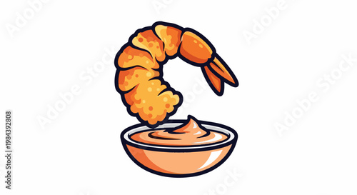 Crispy shrimp being dipped into creamy orange sauce in a bowl