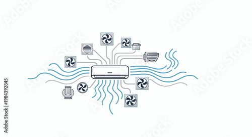 An illustration depicts an air conditioning unit connected to multiple fans and vents