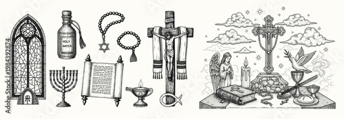 Vintage religious symbols engraving set featuring Christianity, Judaism elements, sacred ritual objects