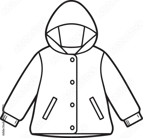 A detailed sketch of a hooded jacket, meticulously illustrated in a clean, black and white style, showcasing its design and structure.