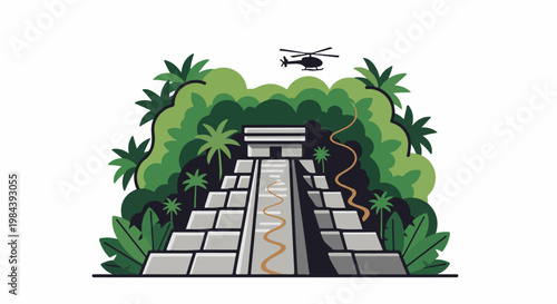 Ancient stone pyramid in lush jungle with helicopter overhead