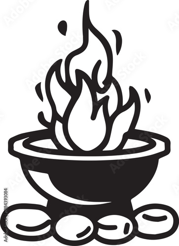 A stylized depiction of a campfire. with stylized flames and glowing embers, symbolizing warmth, gathering, and the primal allure of fire.