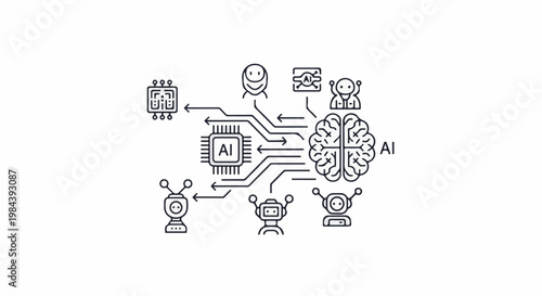 Line art illustration of an AI chip connected to a stylized brain and various robots