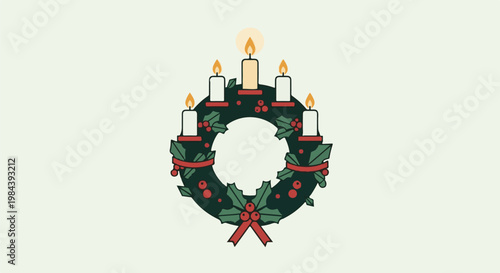 Festive Christmas wreath with lit candles and holly
