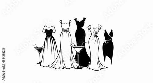 Elegant evening gowns and cocktails in a stylized, artistic composition