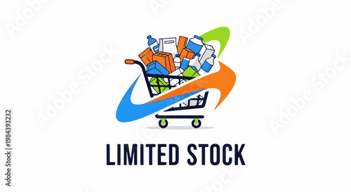 Full shopping cart with abstract swooshes and "LIMITED STOCK" text