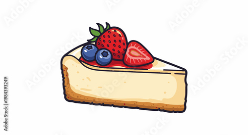 Creamy cheesecake slice topped with fresh strawberries and blueberries