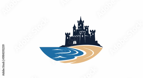 Dark silhouette of a grand castle on a sandy beach by the blue ocean waves