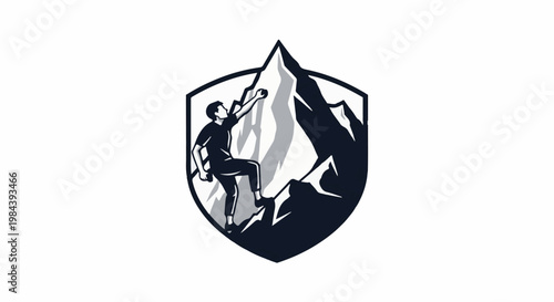 Climber scaling a rocky mountain peak within a shield outline