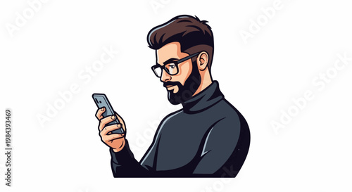 Bearded man with glasses and turtleneck looking at phone