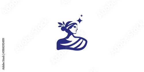 A minimalist blue logo featuring the profile of a woman's head and shoulders adorned with a laurel wreath and a sparkling star.