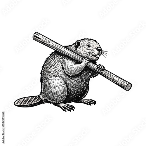 Beaver holding a tree branch tightly.