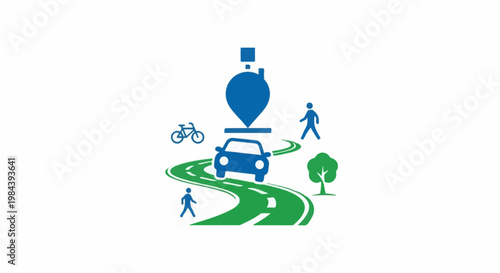 Blue location pin above a car on a winding green road with people and bicycle icons