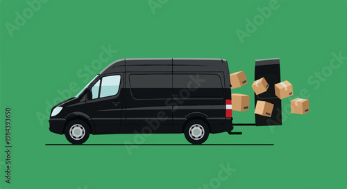 Black delivery van with packages falling out from the back