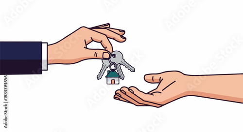 Hands exchanging a house key on a white background