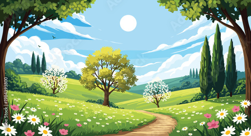 Beautiful spring countryside landscape illustration with blooming trees, winding path, colorful wildflowers, green hills, bright sky, and peaceful natural scenic environment