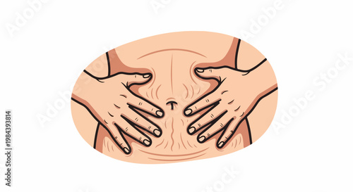 Hands palpating wrinkled skin with a visible navel, indicating a medical or cosmetic concept