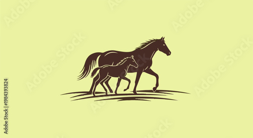 Brown horse and foal walk side-by-side against a pale yellow backdrop