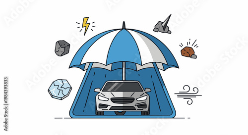 Car protected under umbrella from weather elements like rocks, lightning, and wind
