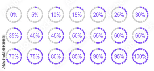 Round diagrams for infographics from 0 to 100 percent icons. Percentage infographics templates. Lilac, grey colour fill pizza, pie charts indicator element layouts. Circle graph loading progress bars.