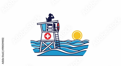 Lifeguard watches over ocean waves under a bright sun